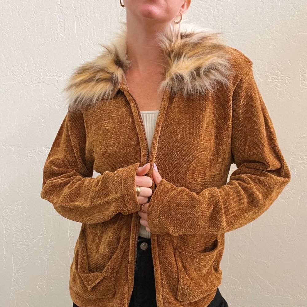 Vintage 1990's Tan Chenille Knit Fur Collar Zip Up Sweater - Picture 2 of 7